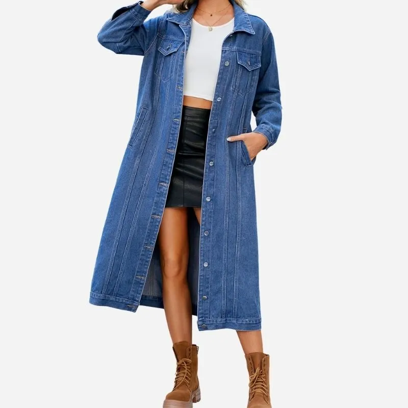 Women's Long Denim Jacket Button Down Trench Duster Jean Coat Streetwear made by Good American Jeans