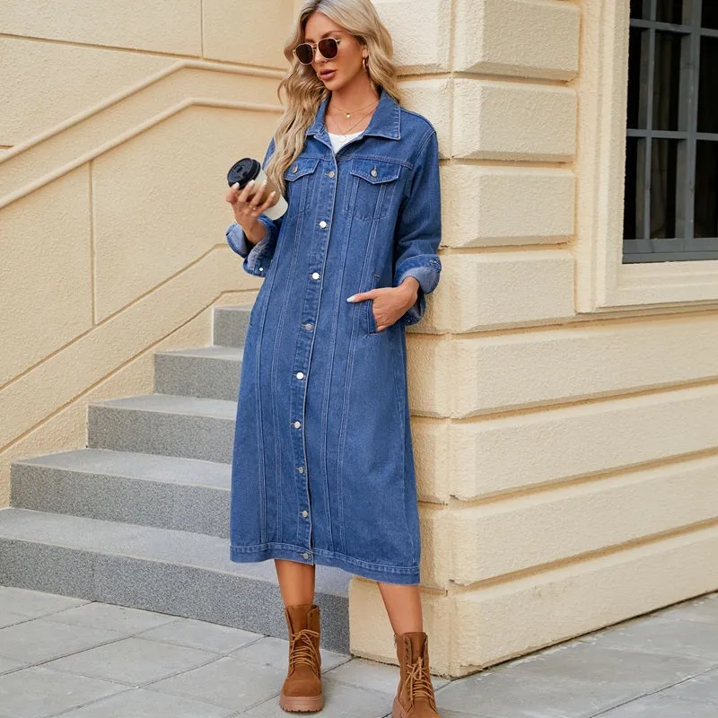 Women's Long Denim Jacket Button Down Trench Duster Jean Coat Streetwear sold by Good American Jeans product image thumbnail 3