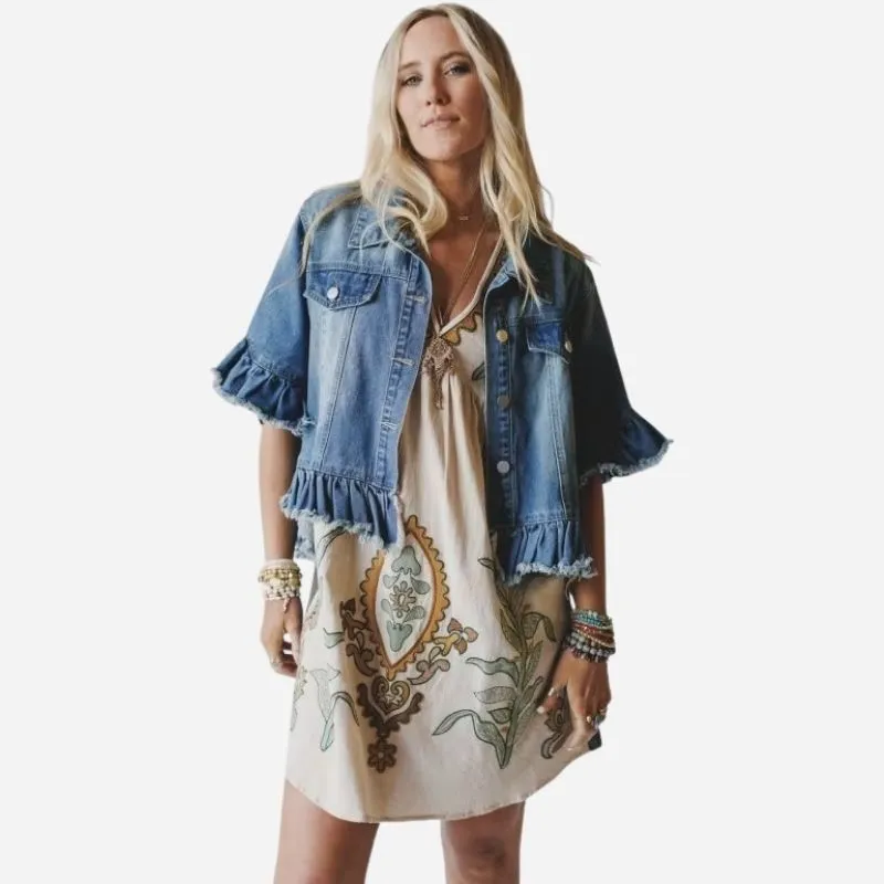 Womens Ruffle Sleeve Denim Jacket Short Sleeve Frayed Hem Jean Coat sold by Good American Jeans product image thumbnail 5