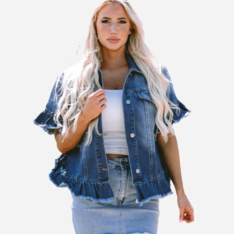 Womens Ruffle Sleeve Denim Jacket Short Sleeve Frayed Hem Jean Coat sold by Good American Jeans product image thumbnail 3