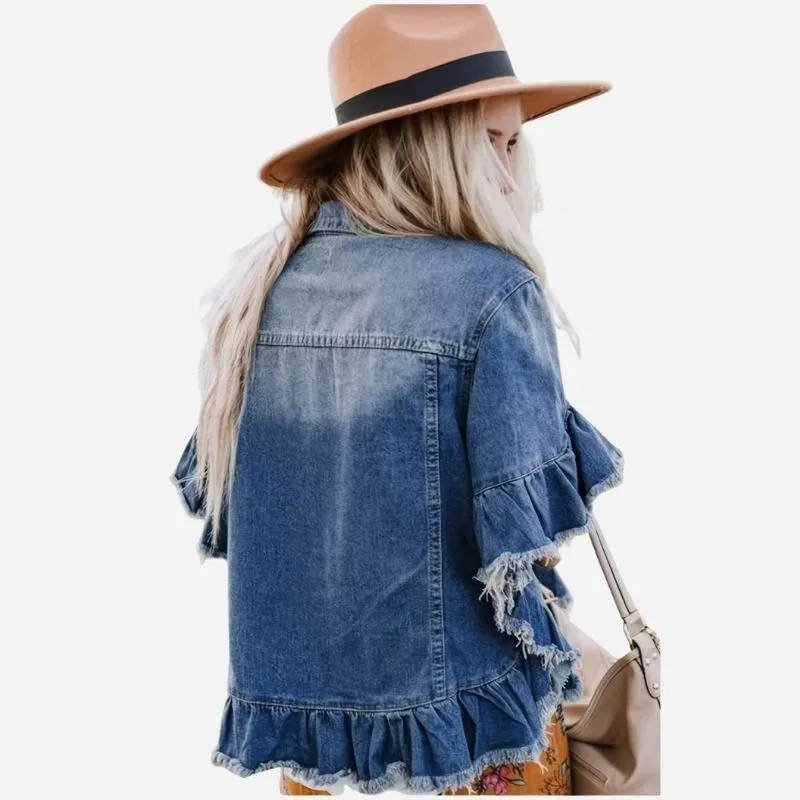 Womens Ruffle Sleeve Denim Jacket Short Sleeve Frayed Hem Jean Coat sold by Good American Jeans product image thumbnail 2