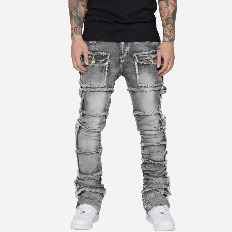 Men's Distressed Stacked Jeans Slim Fit Washed Streetwear Denim Pants made by Good American Jeans