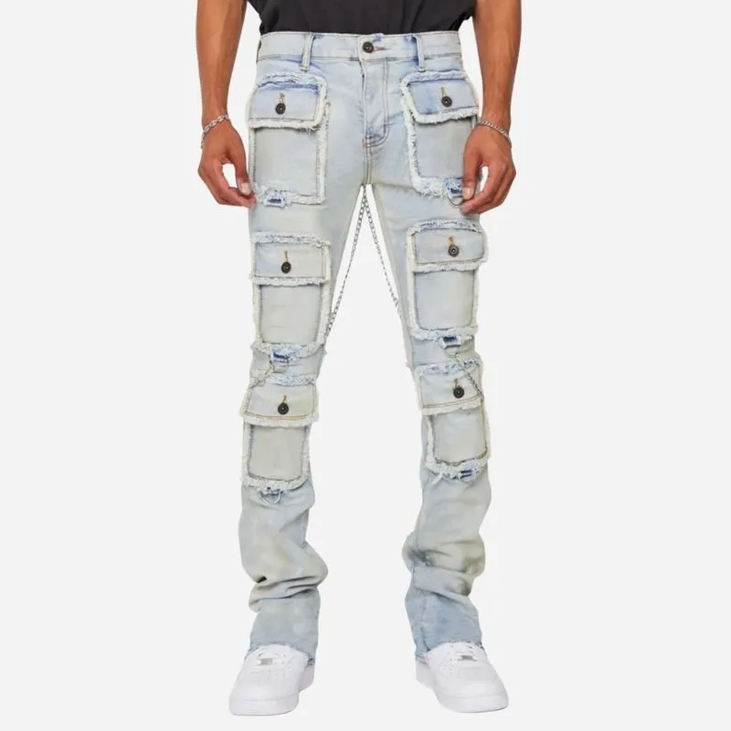 Men's Distressed Cargo Jeans Slim Fit Multi Pocket Streetwear Biker Denim made by Good American Jeans