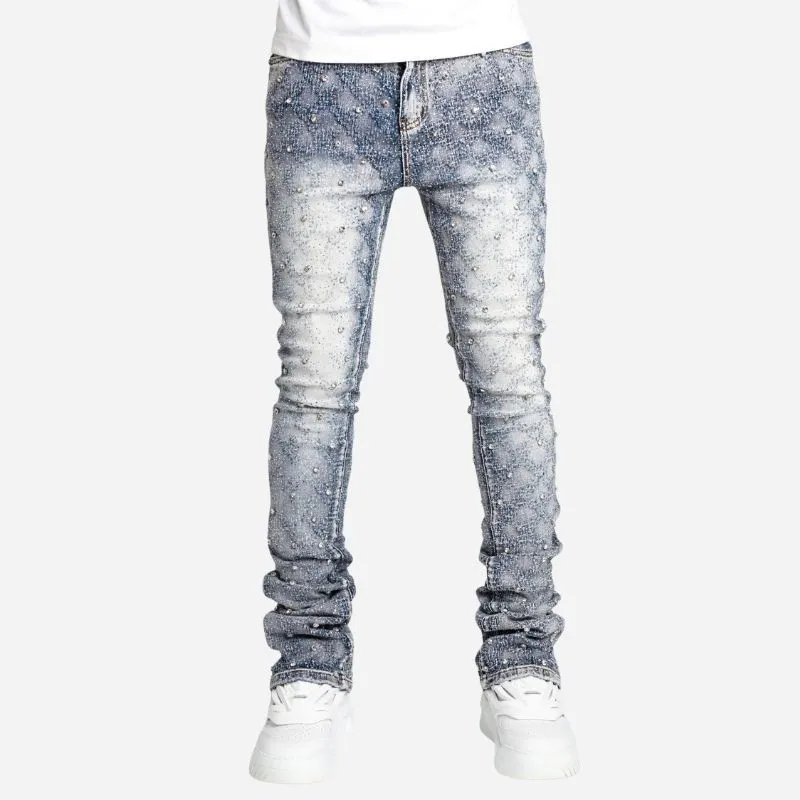 Men's Pearl Studded Stacked Jeans Slim Fit Hip Hop Streetwear Denim Pants sold by Good American Jeans