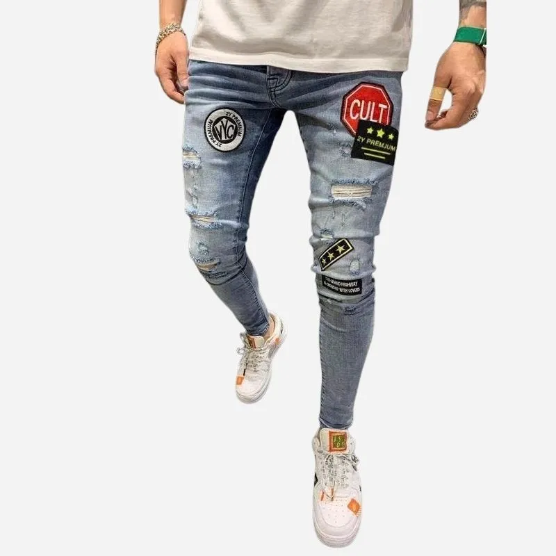 Men's Ripped Patch Embroidered Slim Stretch Skinny Jeans Hip Hop Denim made by Good American Jeans