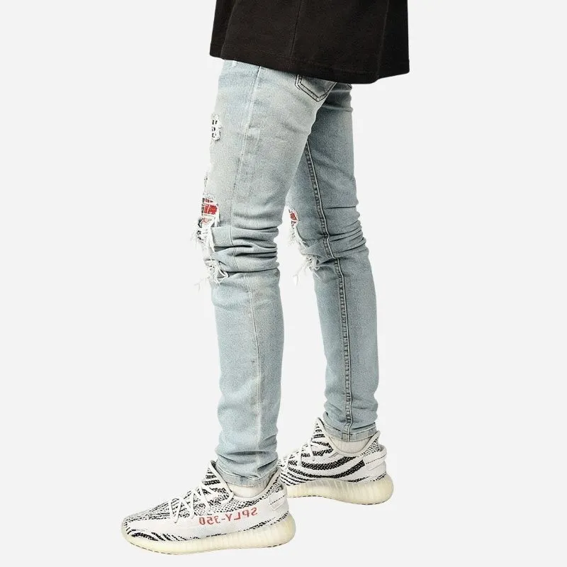 Men's Ripped Slim Fit Skinny Jeans Red Patch Distressed Street Denim sold by Good American Jeans product image thumbnail 3