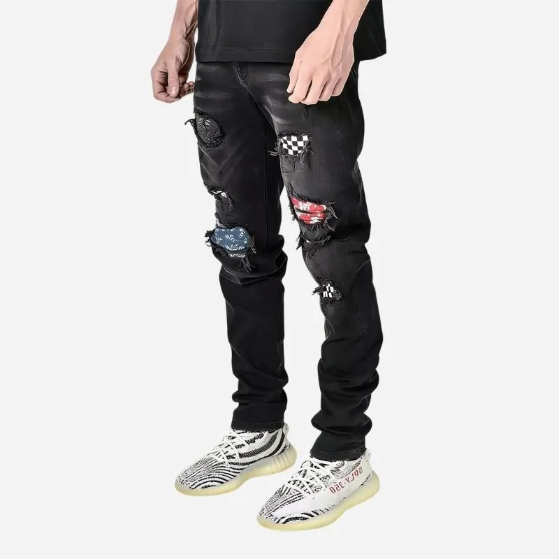 Men's Ripped Slim Fit Skinny Jeans Red Patch Distressed Street Denim sold by Good American Jeans product image thumbnail 4
