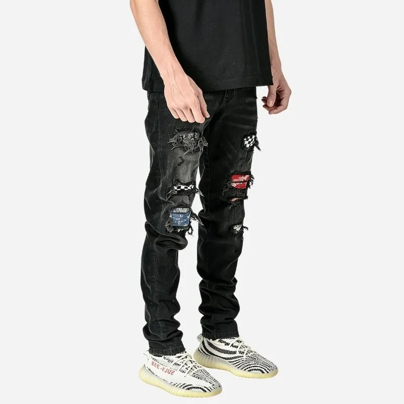 Men's Ripped Slim Fit Skinny Jeans Red Patch Distressed Street Denim sold by Good American Jeans product image thumbnail 5