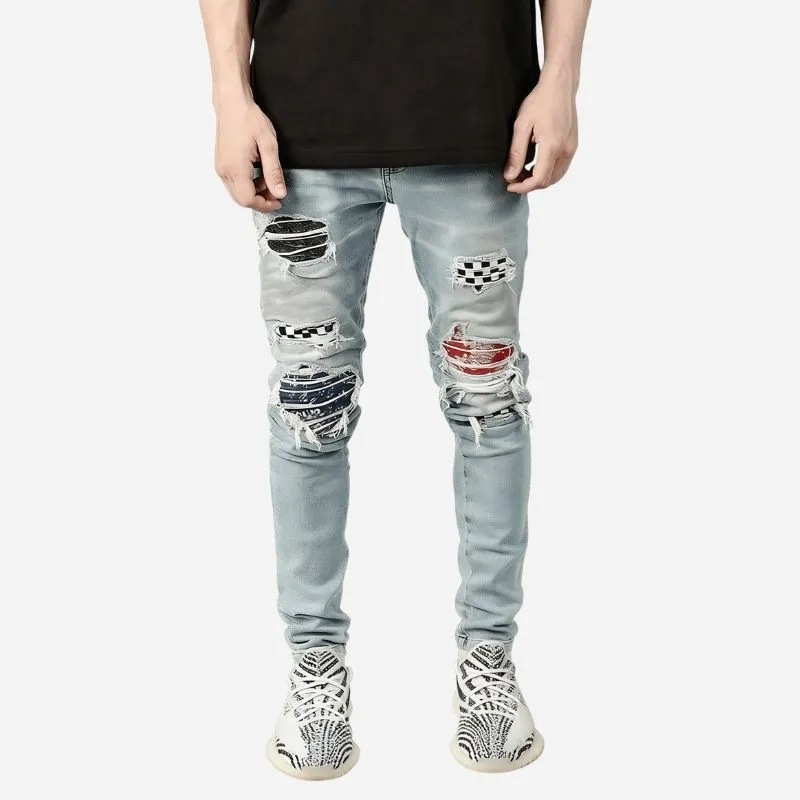 Men's Ripped Slim Fit Skinny Jeans Red Patch Distressed Street Denim made by Good American Jeans