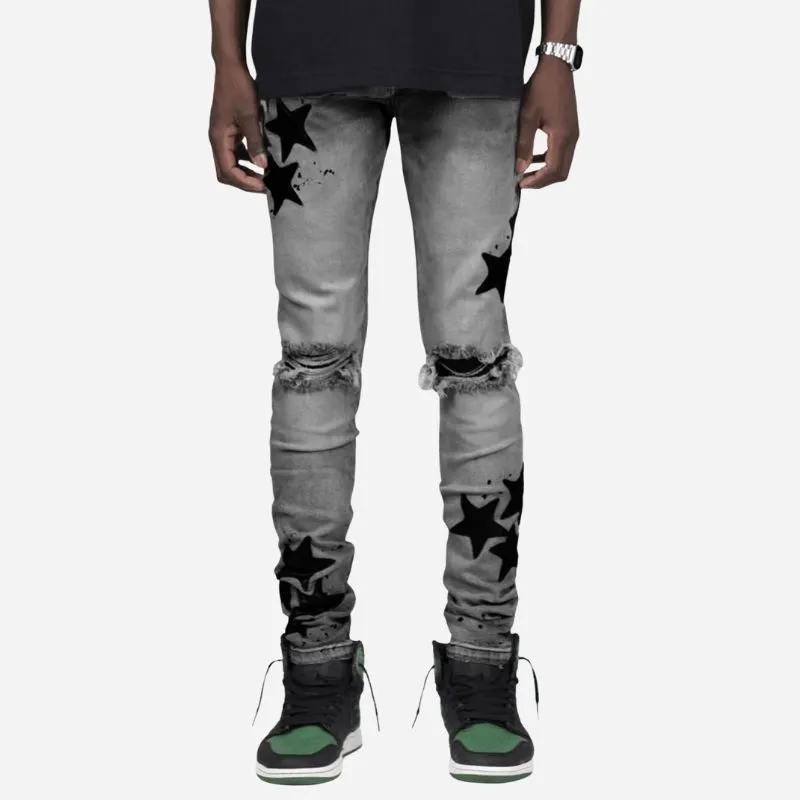 Men's Star Patch Distressed Ripped Skinny Jeans Street Style Stretch Denim made by Good American Jeans