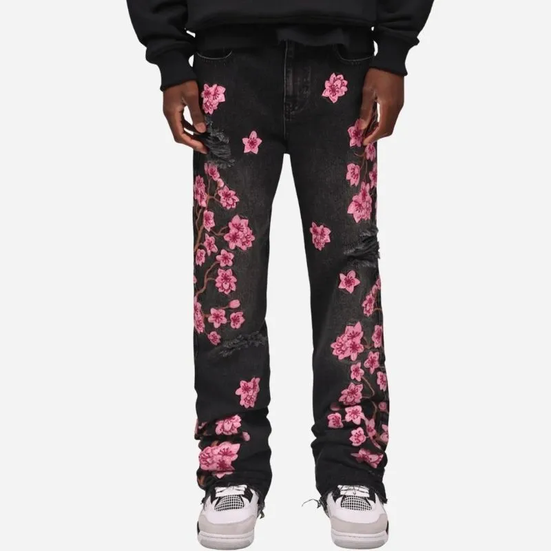 Men's Graphic Floral Embroidered Distressed Straight Leg Denim Jeans made by Good American Jeans