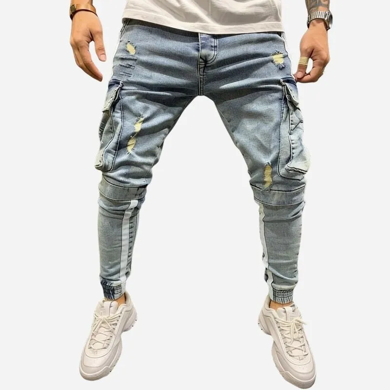Men's Cargo Distressed Skinny Jeans Street Stretch Denim Jogger Pants sold by Good American Jeans