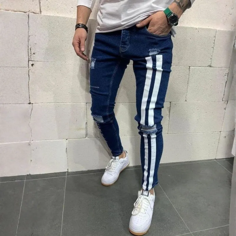 Men's Distressed Skinny Jeans with Side Stripes Stretch Street Denim sold by Good American Jeans product image thumbnail 4
