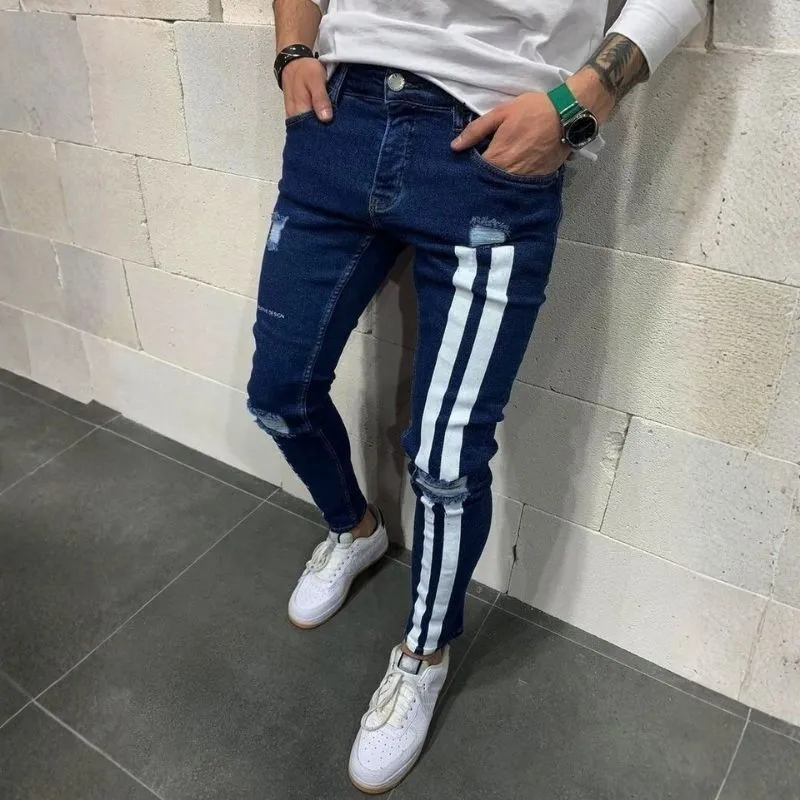 Men's Distressed Skinny Jeans with Side Stripes Stretch Street Denim sold by Good American Jeans product image thumbnail 5