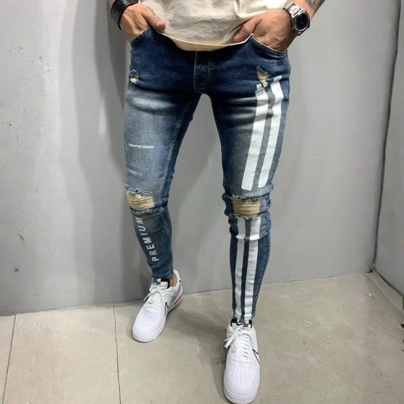 Men's Distressed Skinny Jeans with Side Stripes Stretch Street Denim sold by Good American Jeans product image thumbnail 2