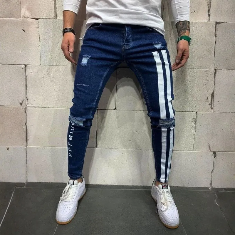 Men's Distressed Skinny Jeans with Side Stripes Stretch Street Denim sold by Good American Jeans product image thumbnail 3
