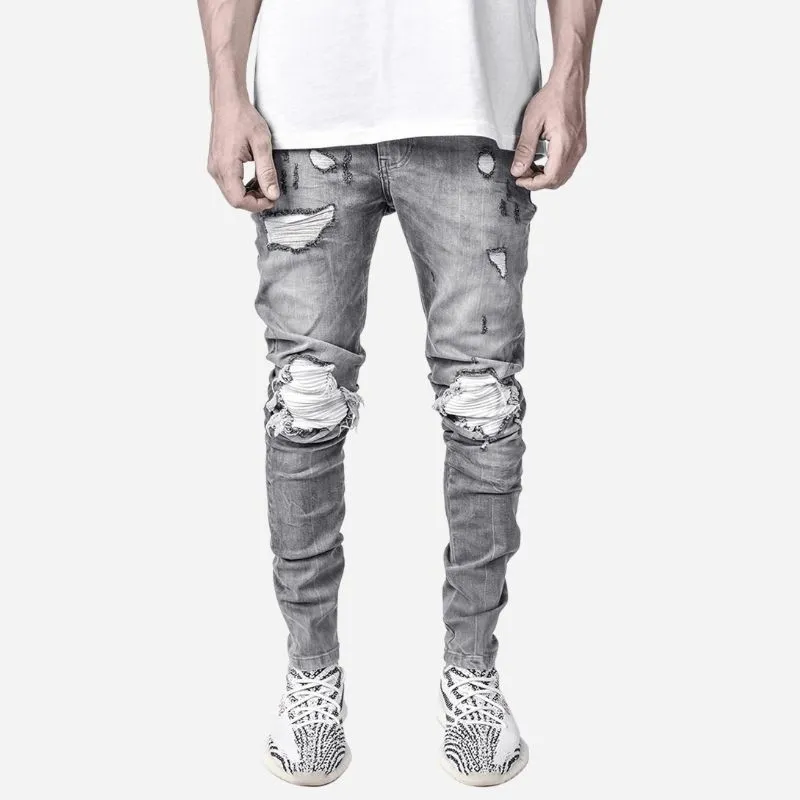 Men's Distressed Slim Fit Ripped Denim Tapered Jeans Streetwear Style made by Good American Jeans