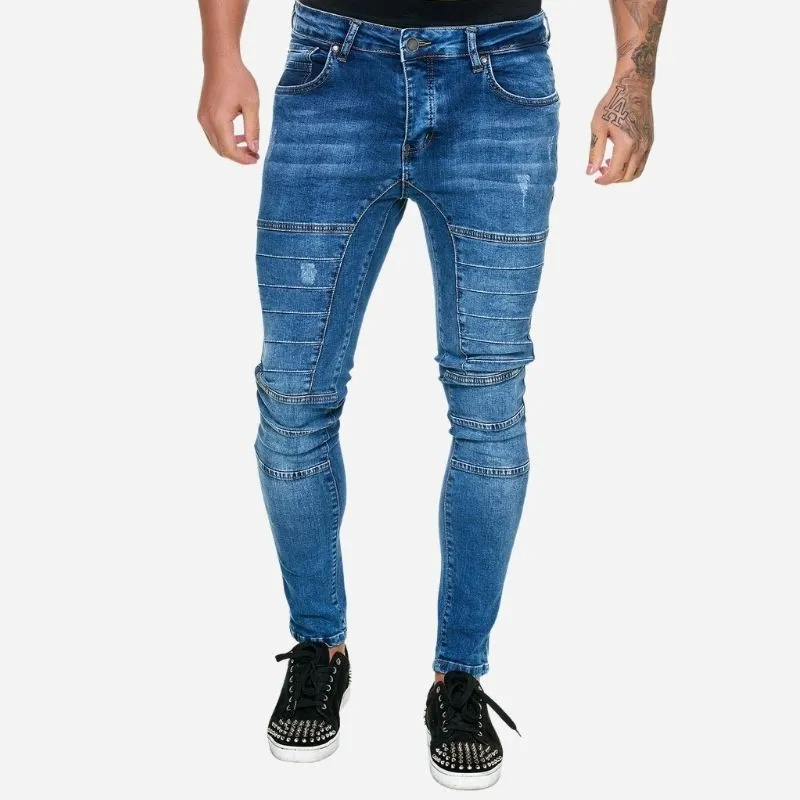Men's Panel Moto Jeans Biker Style Tapered Leg Stretch Denim Pants made by Good American Jeans