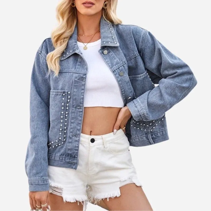 Women's Studded Denim Jacket Oversized Casual Jean Coat made by Good American Jeans