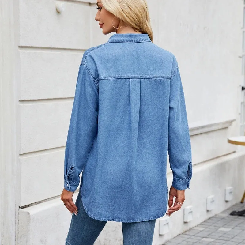 Women's Roll Tab Sleeve Chambray Denim Button Down Shirt sold by Good American Jeans product image thumbnail 2