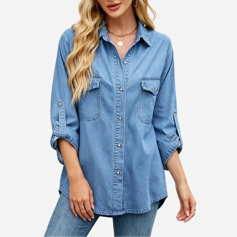 Women's Roll Tab Sleeve Chambray Denim Button Down Shirt made by Good American Jeans