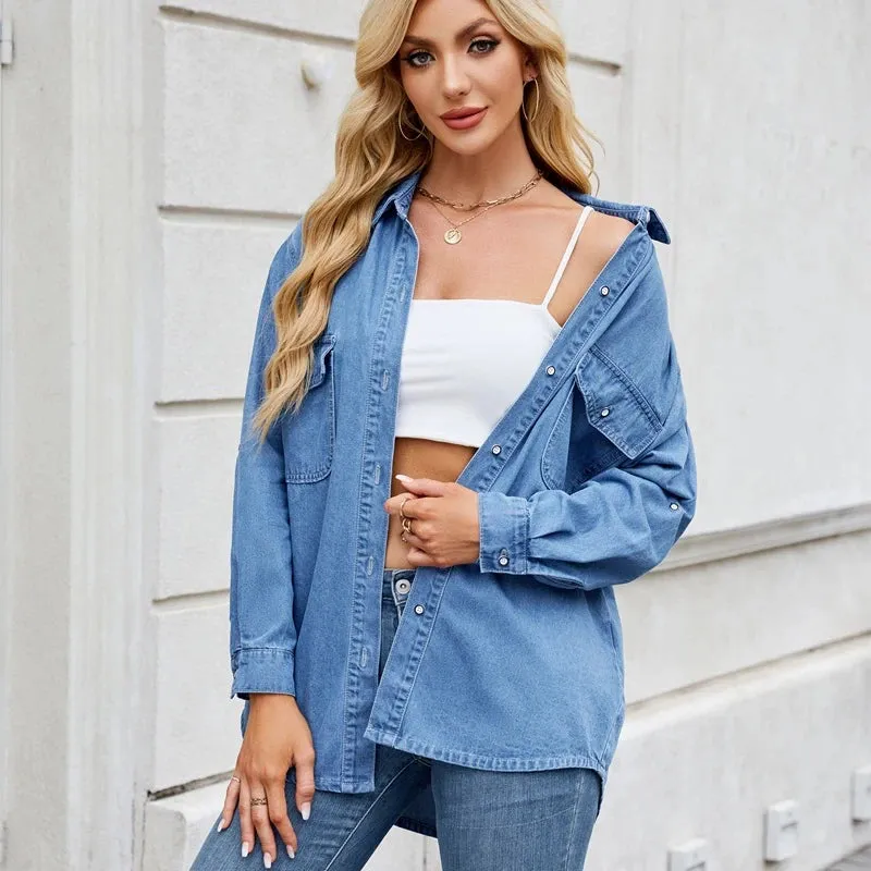 Women's Roll Tab Sleeve Chambray Denim Button Down Shirt sold by Good American Jeans product image thumbnail 3