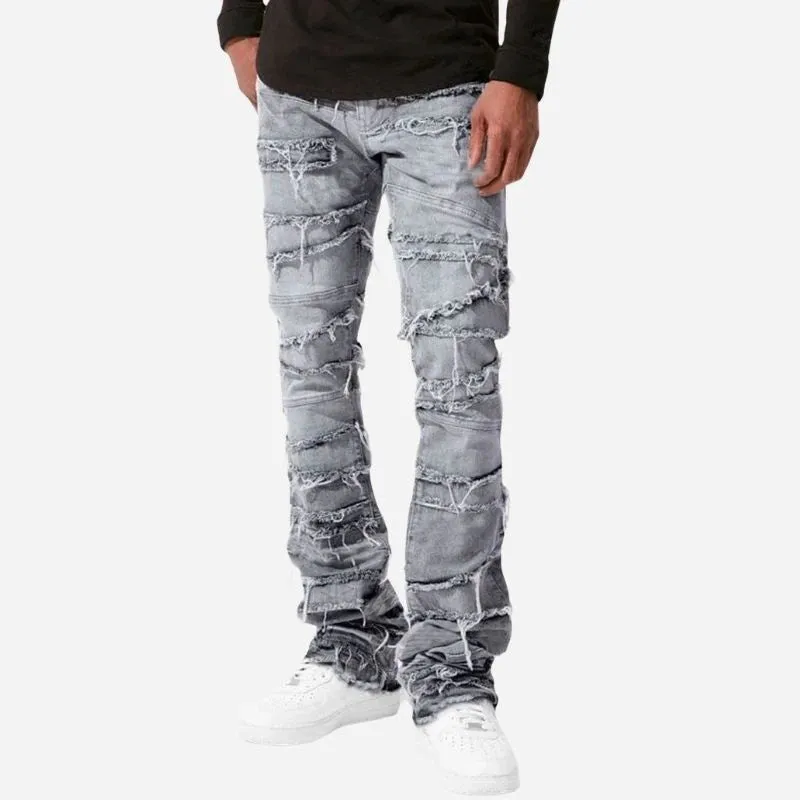 Men's Stacked Distressed Jeans Slim Fit Washed Stretch Denim Pants made by Good American Jeans