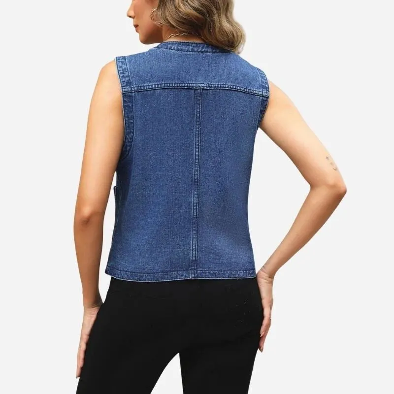 Women's Sleeveless Denim Vest Top V Neck Button Down Jean Jacket sold by Good American Jeans product image thumbnail 2