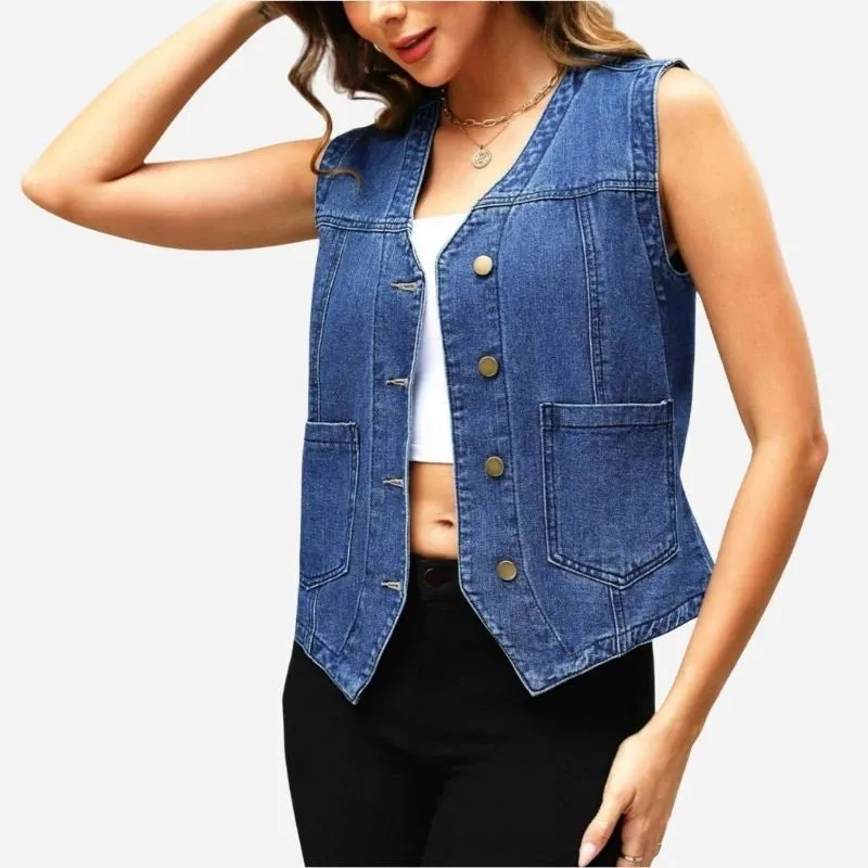 Women's Sleeveless Denim Vest Top V Neck Button Down Jean Jacket sold by Good American Jeans product image thumbnail 3