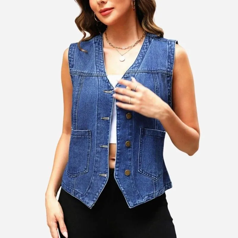 Women's Sleeveless Denim Vest Top V Neck Button Down Jean Jacket made by Good American Jeans