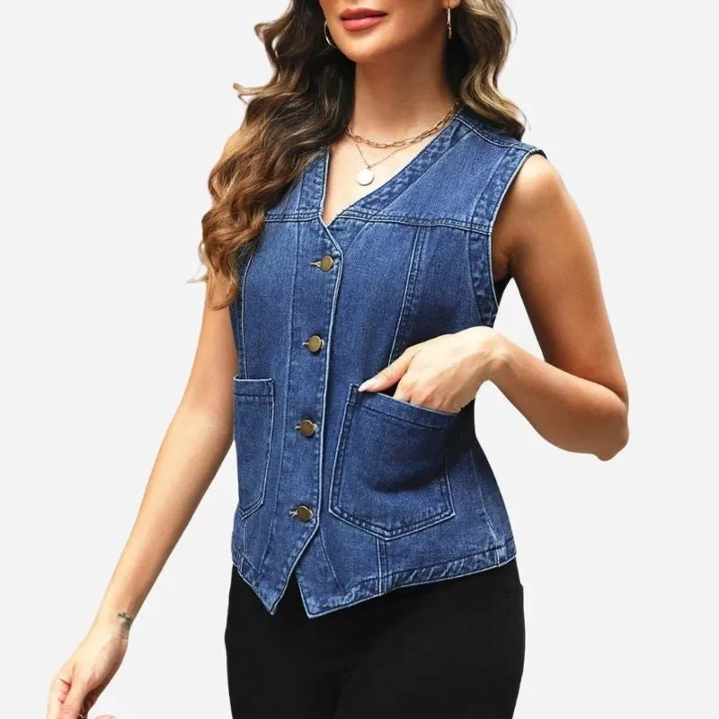 Women's Sleeveless Denim Vest Top V Neck Button Down Jean Jacket sold by Good American Jeans product image thumbnail 5