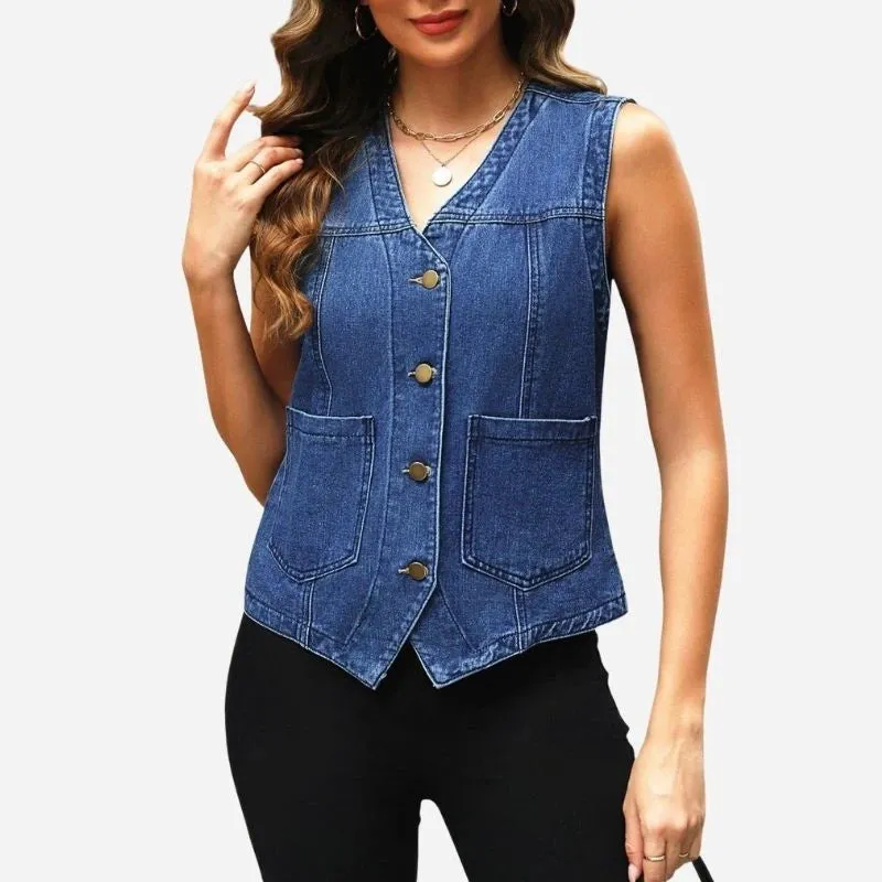 Women's Sleeveless Denim Vest Top V Neck Button Down Jean Jacket sold by Good American Jeans product image thumbnail 4