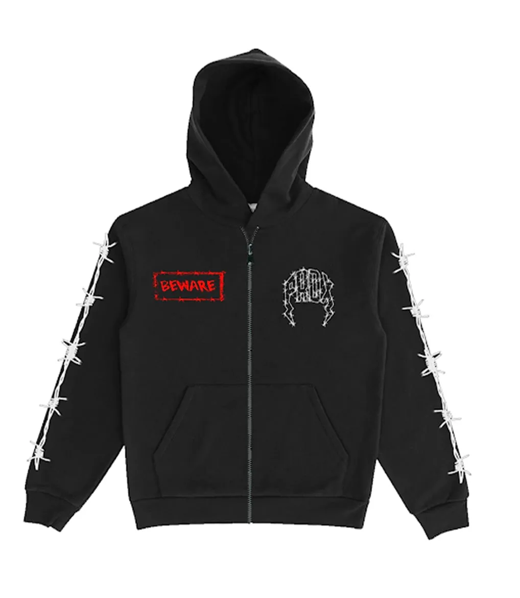 "BEWARE BARBWIRE" HALLOWEEN EXCLUSIVE ZIP-UP HOODIE (BLACK) sold by Paradox Lab