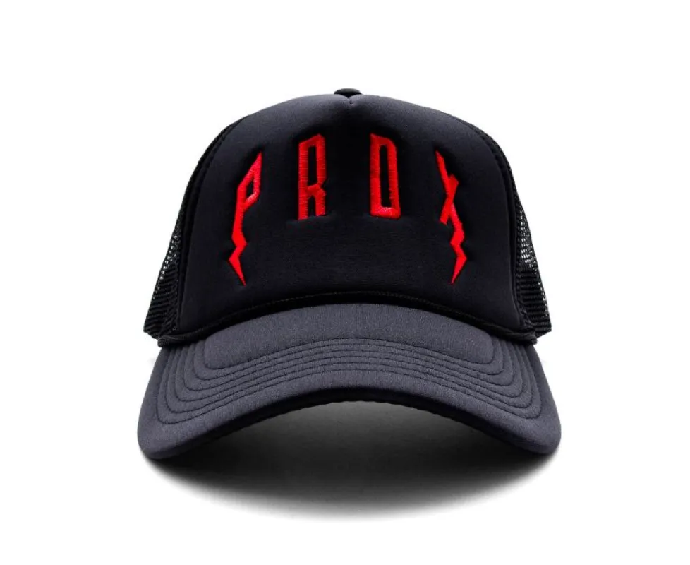 PRDX Trucker Hat (Black/Black/Red) sold by Paradox Lab