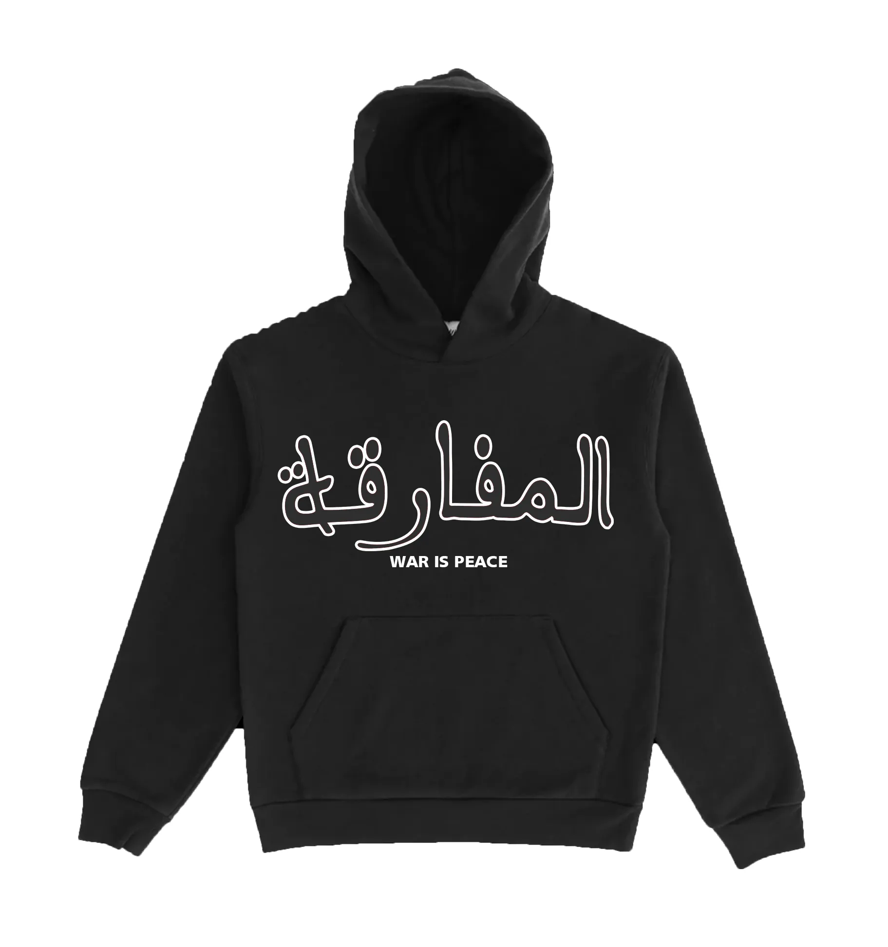 “WAR IS PEACE” ARABIC LIGHTNING ARC LOGO PULL-OVER HOODIE (BLACK) sold by Paradox Lab