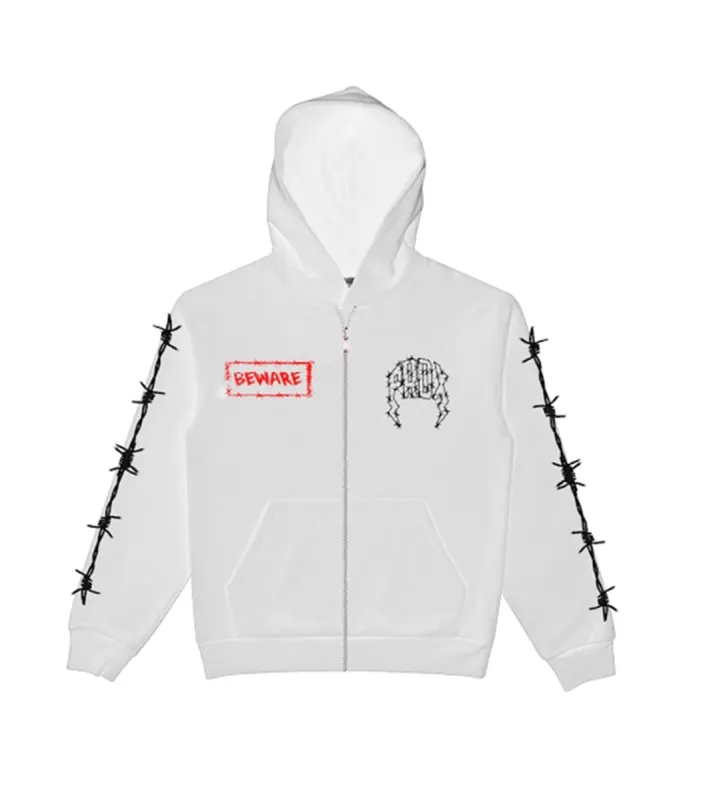 "BEWARE BARBWIRE" HALLOWEEN EXCLUSIVE ZIP-UP HOODIE (WHITE) sold by Paradox Lab