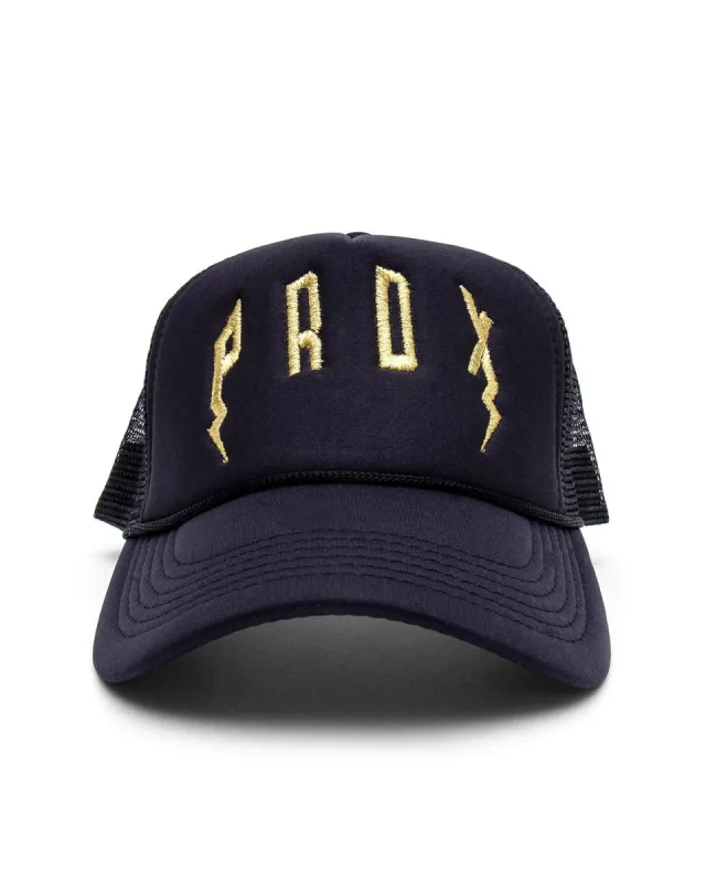 PRDX Trucker Hat (Black/Black/Gold) sold by Paradox Lab