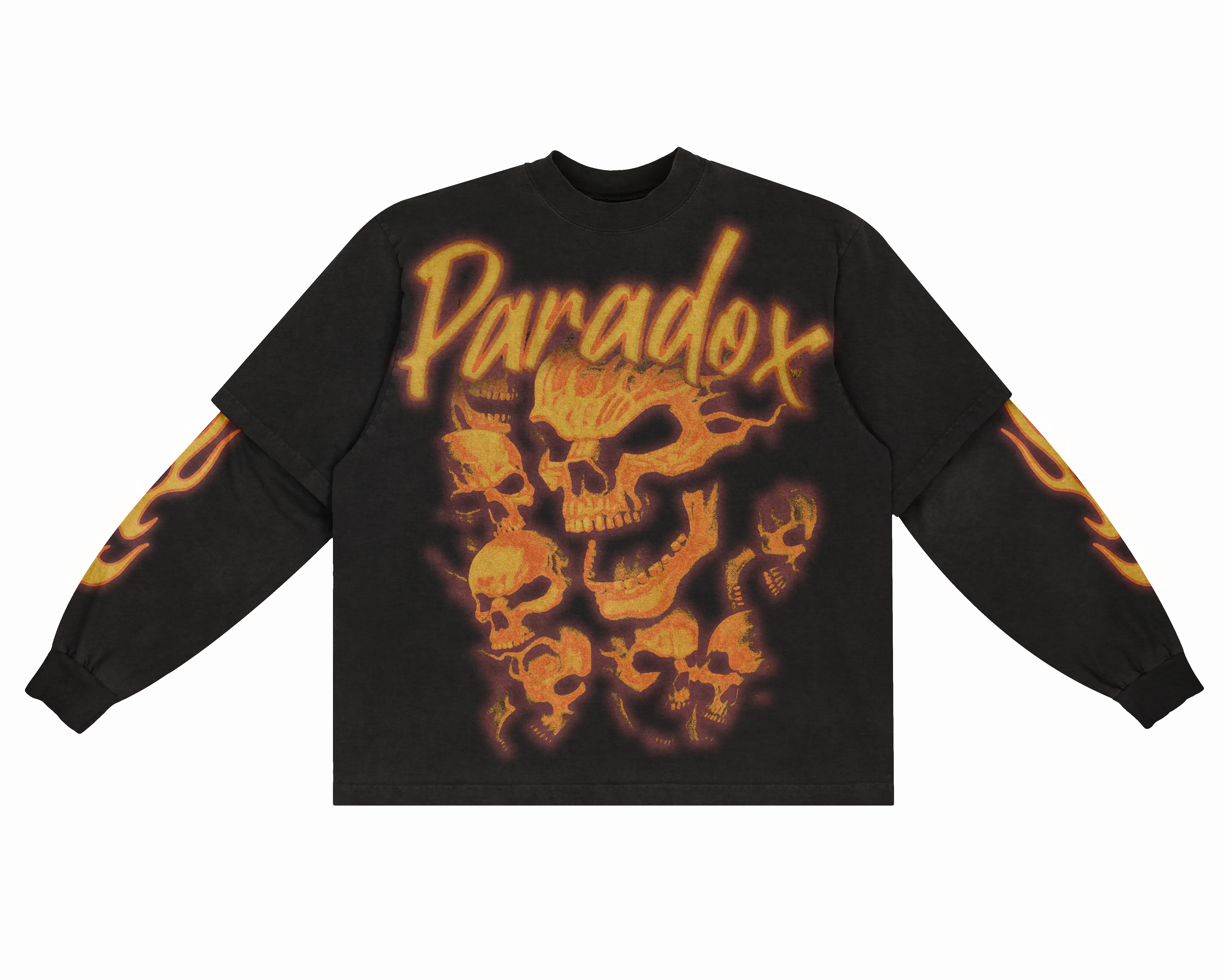 “FLAMING SKULLS” THERMAL TEE (BLACK/ORANGE) sold by Paradox Lab