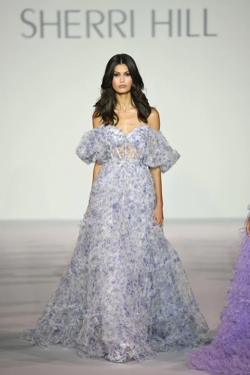 Sherri Hill Long Tulle Ruffle Floral Print Prom Dress 56336 sold by Terry costa