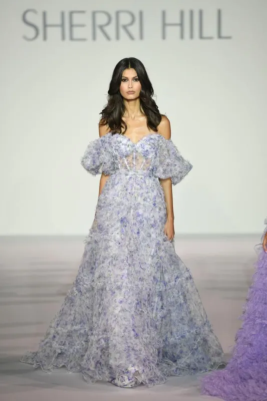 Sherri Hill Long Tulle Ruffle Floral Print Prom Dress 56336 sold by Terry costa