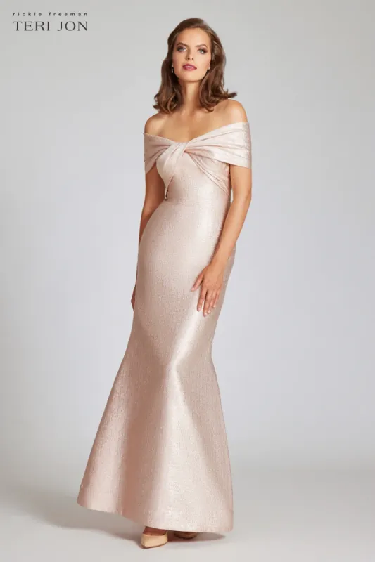 Teri Jon Jacquard Twist Bodice Off Shoulder Evening Dress 239042 sold by Terry costa