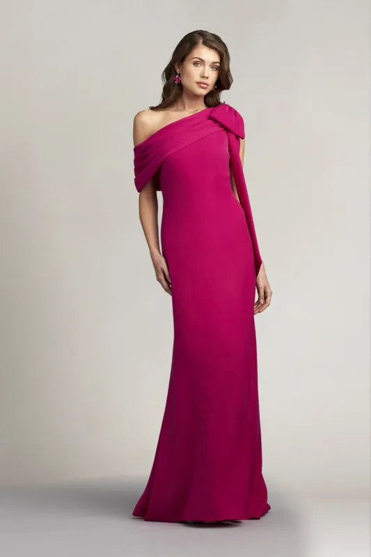 Tadashi Shoji Cassia Bow-Shoulder Crepe Evening Gown ALG18371L sold by Terry costa