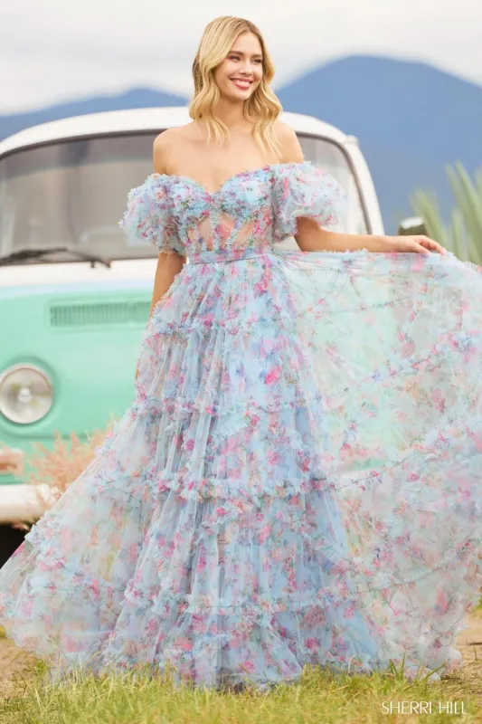 Sherri Hill Floral Print Ruffle Dress 55541 sold by Terry costa