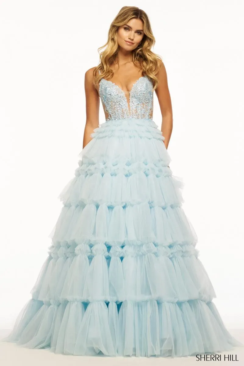 Sherri Hill Ruffle Tulle and Lace Ball Gown Prom Dress 56102 sold by Terry costa