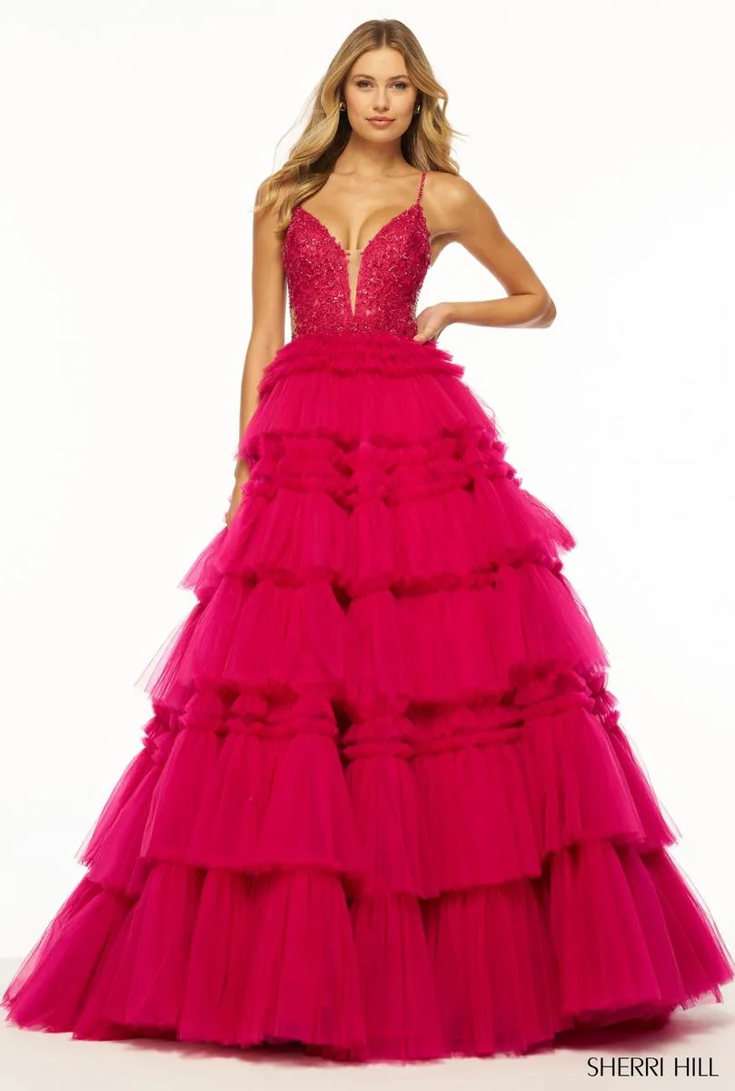 Sherri Hill Ruffle Tulle and Lace Ball Gown Prom Dress 56102 sold by Terry costa product image thumbnail 5