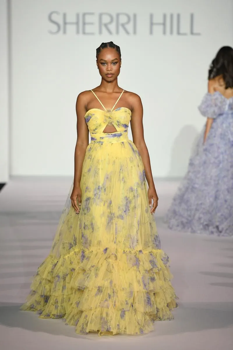 Sherri Hill Yellow Floral Rosette Ball Gown Prom Dress 56279 sold by Terry costa product image thumbnail 5