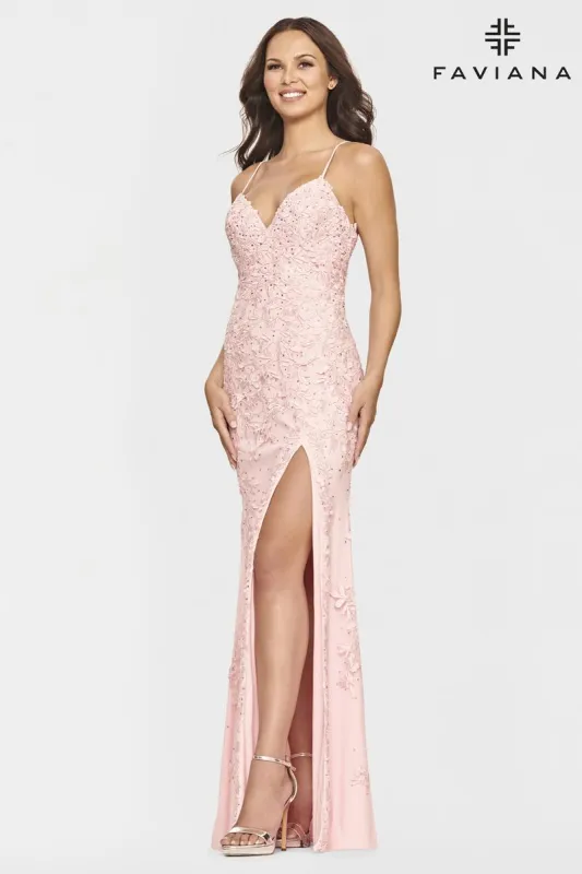 Faviana Long V-Neck Tulle Prom Dress S10812 sold by Terry costa