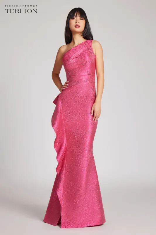 Teri Jon Jacquard Side Ruffle One Shoulder Gown 246024 sold by Terry costa