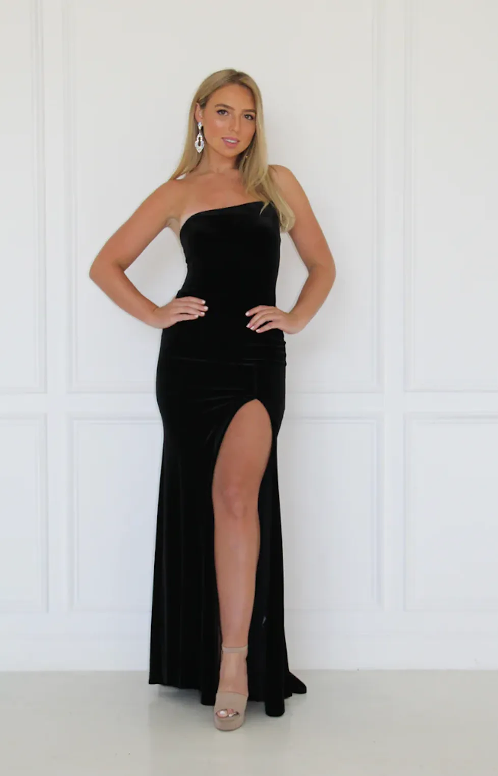 Betsy & Adam Strapless Stretch Velvet Evening Dress A20144 sold by Terry costa