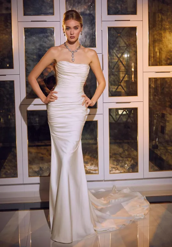 Amy & Eve Tula Ruched Soft Satin Wedding Dress 15076 made by Mori Lee